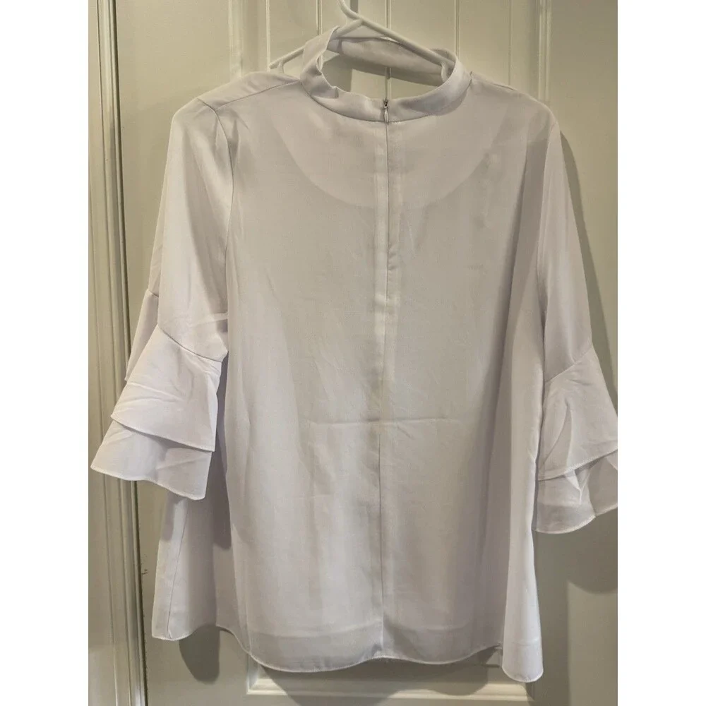 Aryeh Womens M White Solid Choker Top Blouse Ruffle Keyhole 3/4 Sleeve TP-Y-690 - Picture 8 of 9